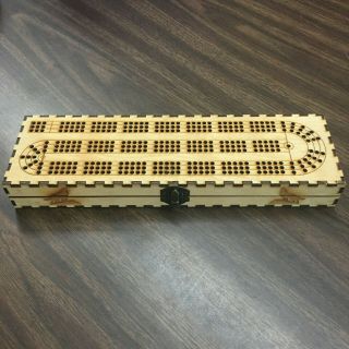 Lightning Engraving Hinged Wood Cribbage Board With Cards And Pegs.