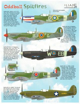 1/72 Scale Decals For 5 Unusual Spitfires By Iliad Design