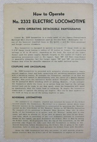 Lionel Post War No.  2332 Gg - 1 Elect.  Loco Orig 1948 Instruction Sheet -