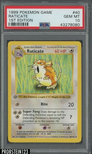 1999 Pokemon Game 1st Edition 40 Raticate Psa 10 Gem