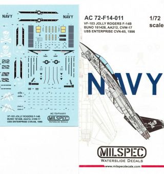 1/72 Scale Decals For One F - 14b Tomcat Vf - 103 Jolly Rogers By Milspec