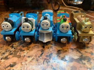 Set Of 5 Thomas Wood Trains,  Gold,  Paint Splattered,  Breakfast,  Winter,  Thomas
