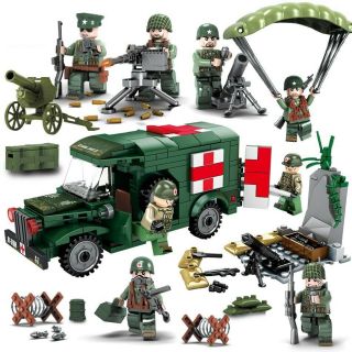 742pcs Military Us Ambulance Soldier Figure Building Blocks Army Ww2 Truck