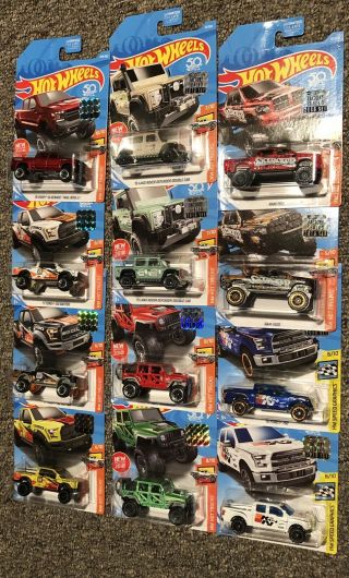 2018 Hot Wheels Factory Sticker Hot Trucks Jeeps Suv’s Set Of 12 Raptor Ford
