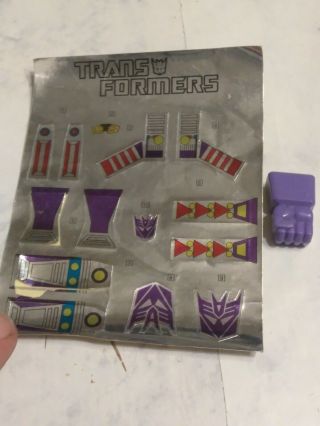 G1 Transformers Decepticon Seeker Jet Skywarp Purple Fist & Sticker Sheet Pics