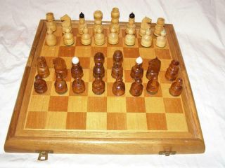 Vintage Art Deco Style Carved Wood Chess Set W/ Carry Case / Inlaid Board / Box