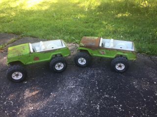 Two Vintage Tonka Toys Green Jeepster Stump Jumper Pressed Steel 49250