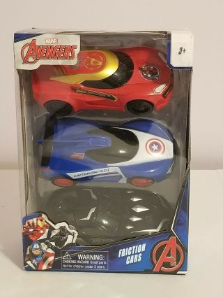 Set Of 3 Marvel Avengers Friction Cars Captain American Iron Man Black Panther