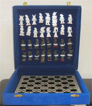 Hand Carved Camel Bone Egyptian Boxed Chess Set & Wooden Inlaid Board M.  O.  P