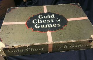 Vintage 1930s Gold Chest Of 6 Games Lindstrom Tool & Toy Co.  Bridgeport Conn.