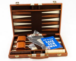 18 " X 24 " Backgammon Set Brown White Faux Leather Portable Travel Folding