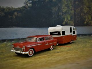 1955 Chevy Station Wagon,  Shasta Airflyte Camper Collectible Diorama Model 1/64
