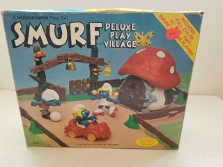 Smurf Deluxe Play Village 1983 Peyo Rare Vintage With Mat,  Gate,  Figures,  Fence