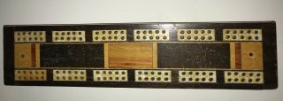 Vintage Wood With Inlays Cribbage Board With 4 Wood Pegs Stored Inside