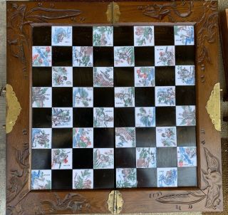 Asian Chinese Chess Board Set Hand Carved Wood Chest With Soap Stone Figurines