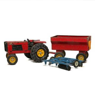 Vintage 1973 Tonka Red Tractor And Wagon With Blue Disc Harrow Pressed Steel