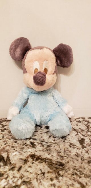 Disney World Parks Plush Baby Mickey Mouse Light Blue Suit Rattle Stuffed Toy.