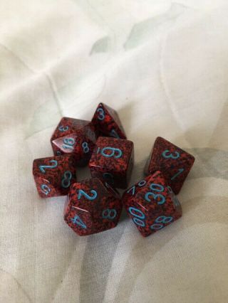 Chessex Dice Red/black Specs Blue Numbers,  7pc Set
