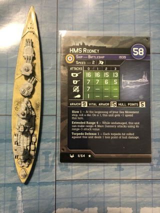 War At Sea Axis & Allies Hms Rodney Battleship With Card (11/64)