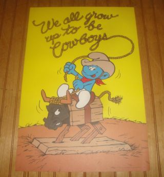 1981 Wallace Berrie Peyo Smurf Poster We Grow Up To Be Cowboy Heavy Linen Paper