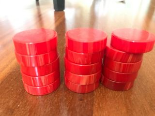 15 1.  25”x.  4” Vintage Bakelite Backgammon Checkers Swirled Red