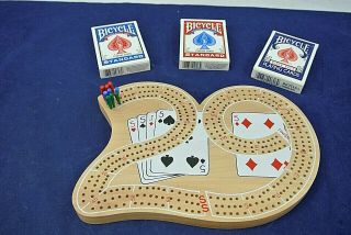 Vintage Wood Cribbage Board With Pegs And 3 Decks Of Bicycle Playing Cards