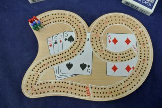 VINTAGE WOOD CRIBBAGE BOARD WITH PEGS AND 3 DECKS OF BICYCLE PLAYING CARDS 2