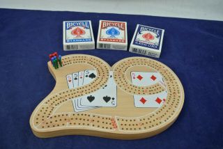 VINTAGE WOOD CRIBBAGE BOARD WITH PEGS AND 3 DECKS OF BICYCLE PLAYING CARDS 4
