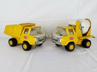 Vintage Tonka " Mini Series " Small Dump Truck & Cement Mixer Yellow Pressed Steel