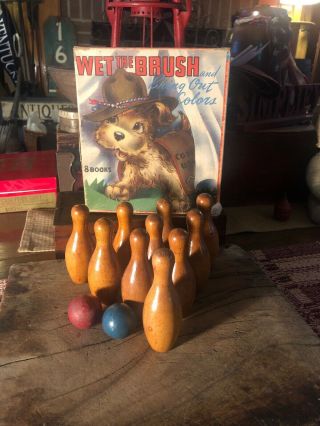 Vintage Toy Skittles Bowling Game W/ Wood Pins And Balls Comes W/ Puppy Box