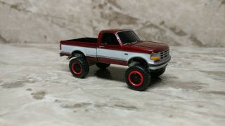 1/64 Custom Red/white 93 Obs Ford F150 Truck Lifted Off Road Wheels And Tires