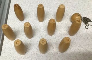 Vintage Aurora Skittle Bowl Game 10 Ten Wooden Bowling Pins With Ball And Chain
