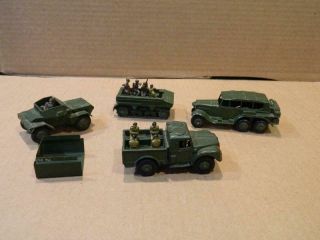 4 " Dinky Toy " Army 1 Ton Cargo Truck,  Scout Car,  2 More,  10 Men Vintage