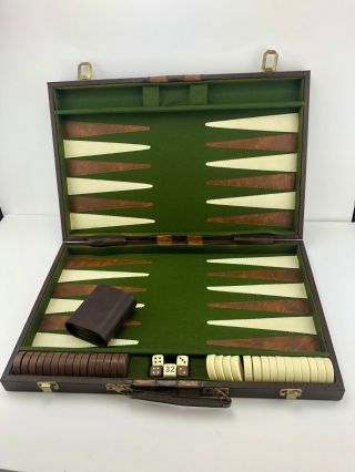 Vintage Backgammon Set Brown Faux Leather Case - Green Board