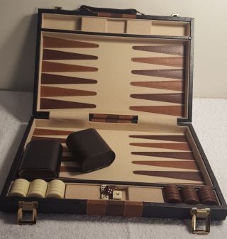 Backgammon Set Brown White Faux Leather Portable Travel Folding Case 15 " X 10 "