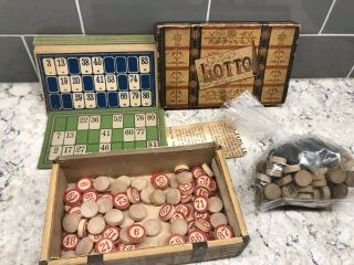 Vintage Antique Lotto Game In Trunk Box Mcloughlin Bros York 1900 