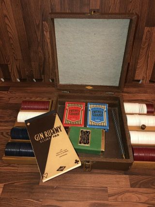 Vintage Lowe Box Gambling Card Set Bridge Gin Rummy Chips