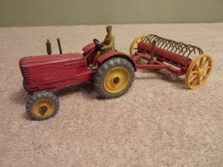 Dinky Toy Massey Harris Tractor With Driver And Hay Rake Combo 1952