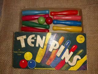 Ten Pins Gold Medal Wood Toy Bowling Game With Box - Complete