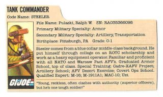 1982 Steeler V.  1 File Card 1 Peach Filecard Bio Gi/g.  I.  Joe Cobra Jtc