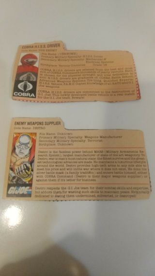 Gi Joe Arah Destro And Cobra Hiss Driver Peach File Cards.  Please Read