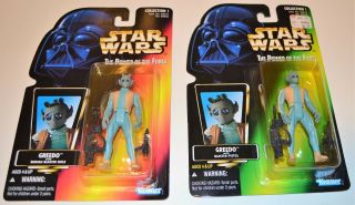 2 1997 Star Wars Potf Greedo W/ Rodian Rifle 1 With Red Card & 1 With Green Card