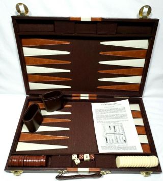 18 " X22 " Backgammon Set Brown White Faux Leather Portable Travel Folding Case