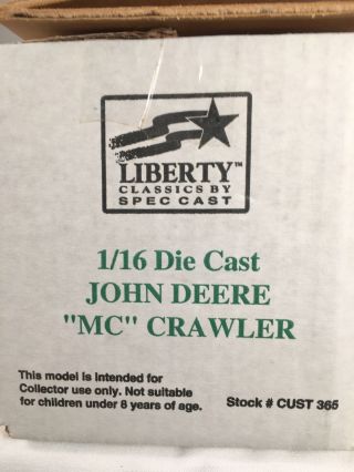 JOHN DEERE MC CRAWLER 1:16 SCALE DIECAST SPEC CAST NIB PLOW CITY 1995 5
