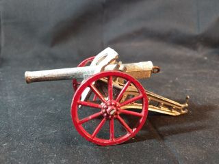 Old Vtg Antique Collectible Cast Metal Military Toy Cannon With Red Wheels