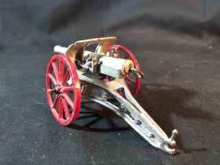 Old Vtg Antique Collectible Cast Metal Military Toy Cannon With Red Wheels 3