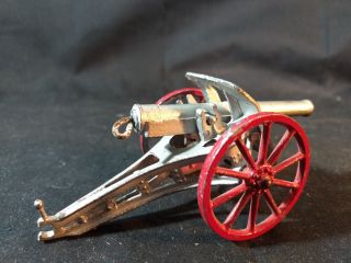 Old Vtg Antique Collectible Cast Metal Military Toy Cannon With Red Wheels 4