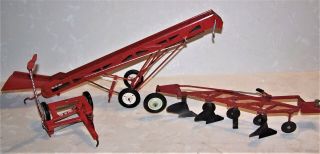 Vintage Tru Scale Red Grain Elevator,  Plow,  And Sickle Bar Mower