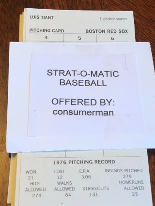 Strat - O - Matic Baseball 1976 Boston Red Sox -