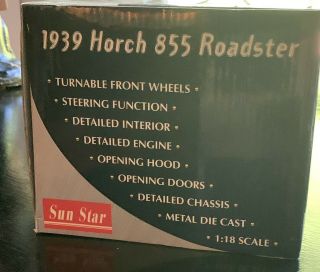 1939 HORCH 855 ROADSTER BLACK 1/18 DIECAST MODEL CAR SUNSTAR 2401 2